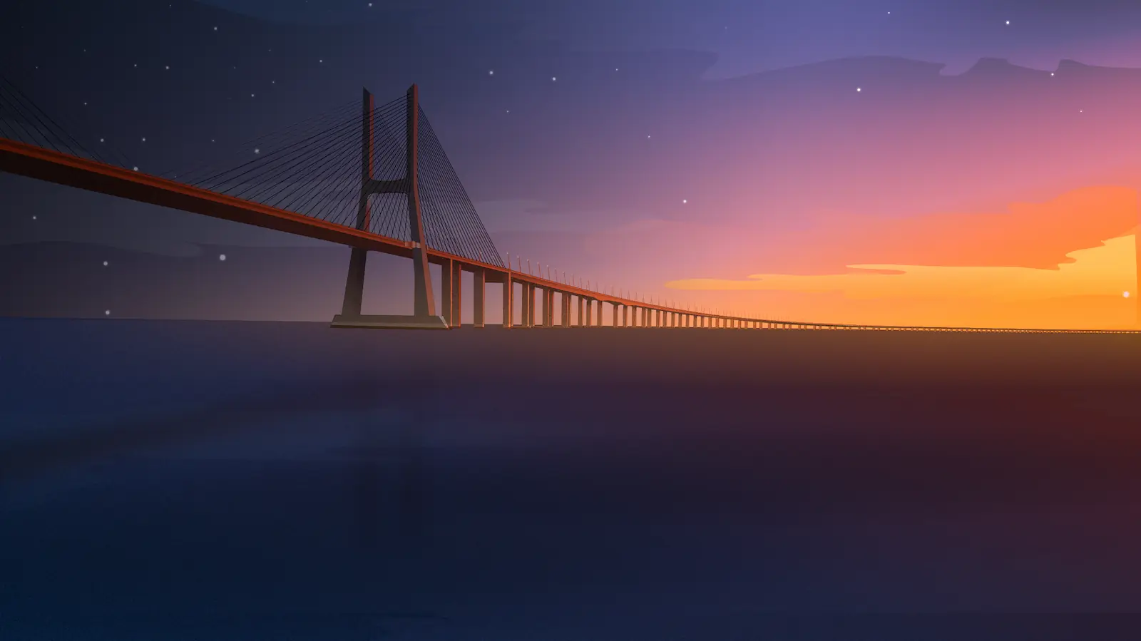 Bridge at sunset over the ocean.