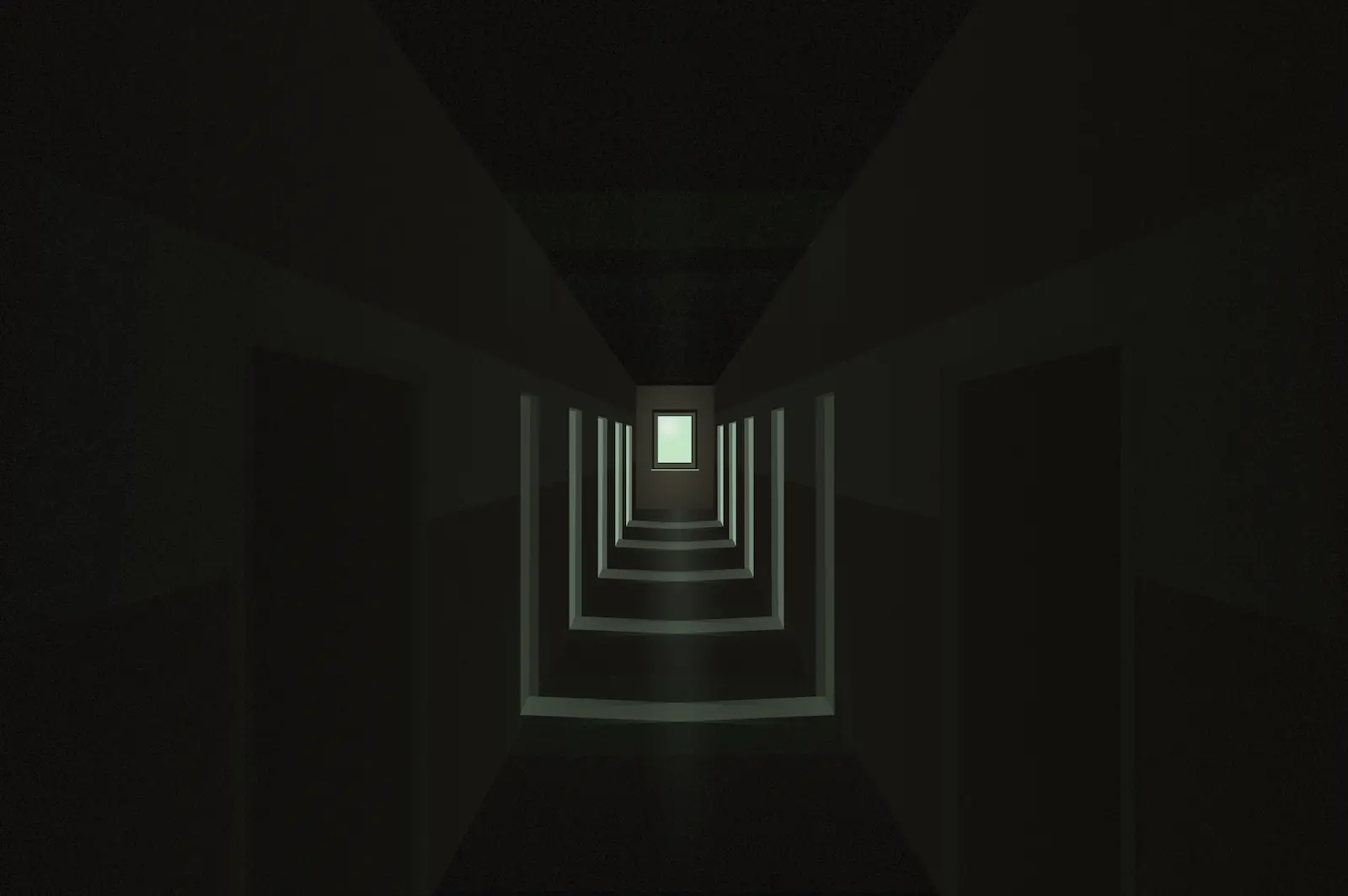 dark hallway with light reflected from many doorways.
