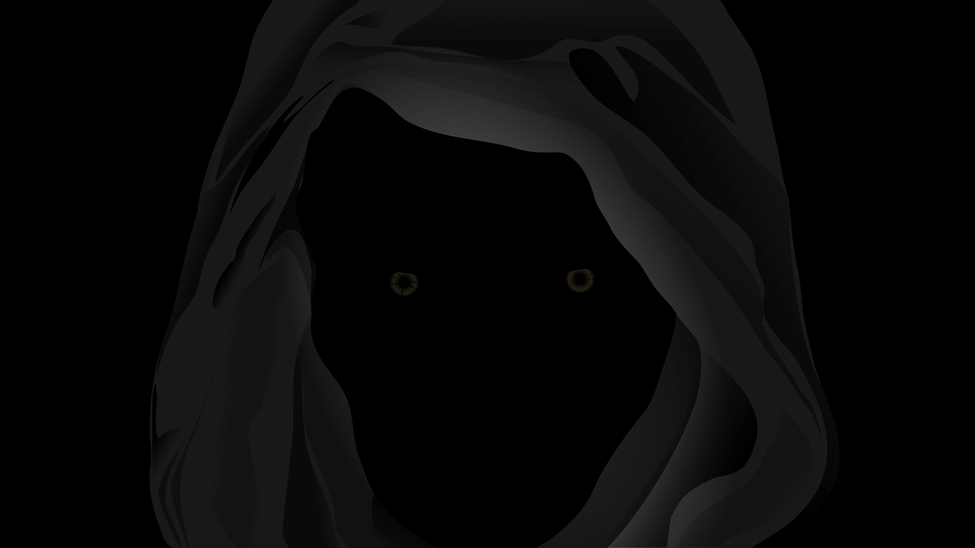 A hooded figure in cloak only the eyes are visible and glowing.